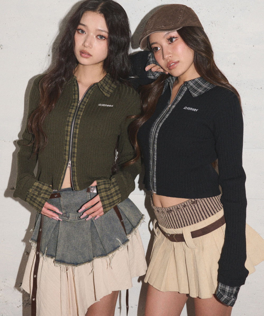 チェックドッキングWジップニット