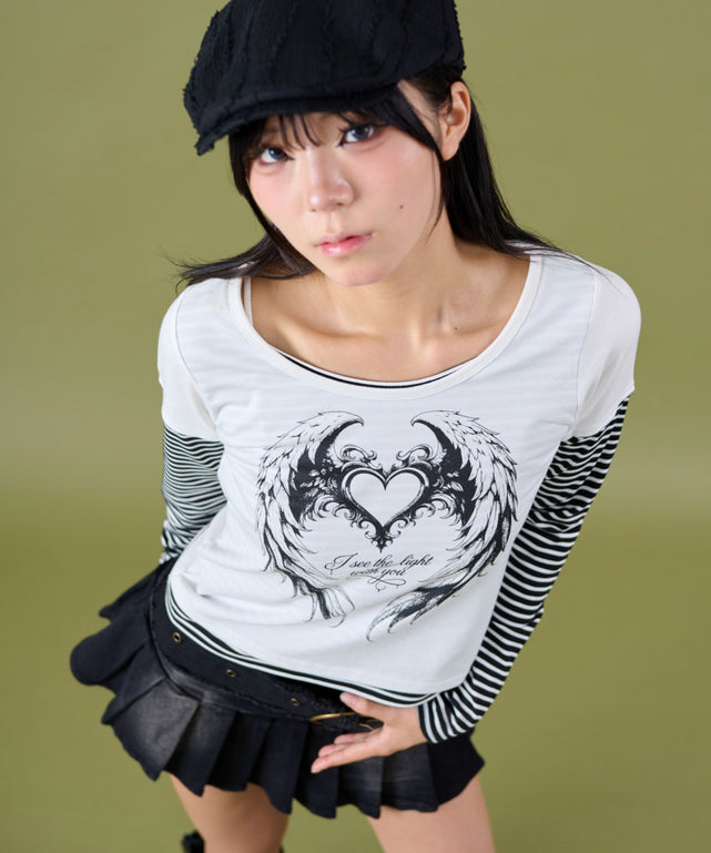 フェイクレイヤードグラッフィックトップ/ホワイト モデル：160cm F着用