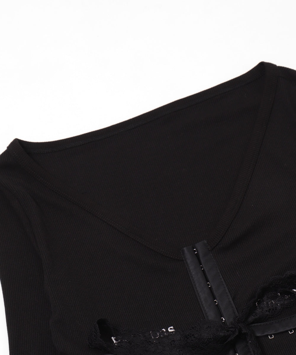 ロゴ刺繍レースフックカーデ