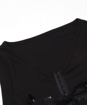 ロゴ刺繍レースフックカーデ