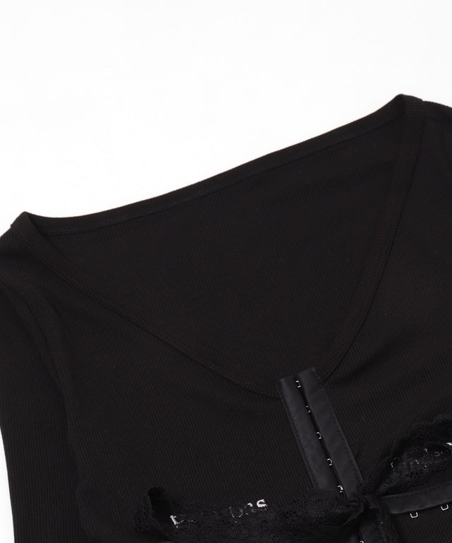 ロゴ刺繍レースフックカーデ