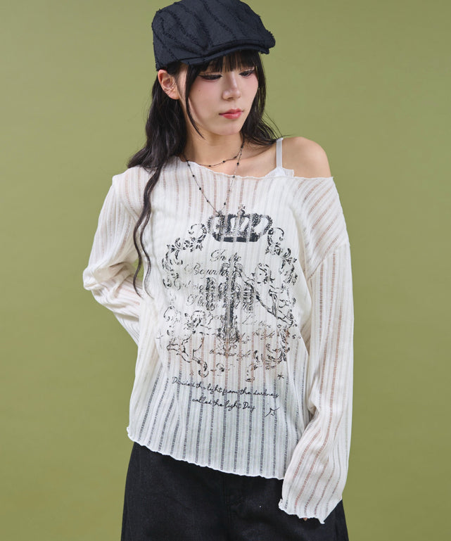 オフショルグラッフィックニット/ホワイト モデル：160cm F着用