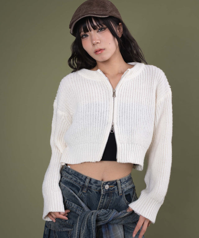ダブルZIPニットカーデ/ホワイトアイボリー モデル：160cm F着用
