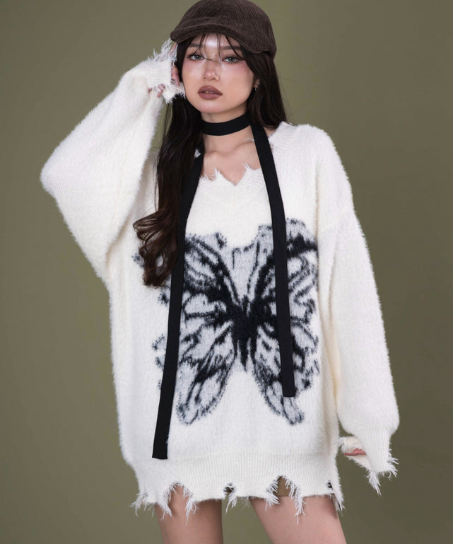 バタフライダメージニット/ホワイトアイボリー モデル：163cm F着用