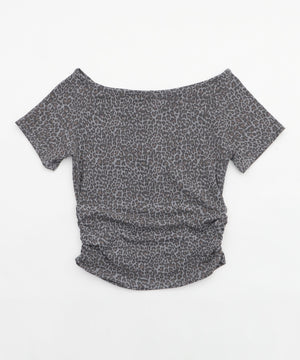 ヘンリーネックオフショルレオパードSSトップス