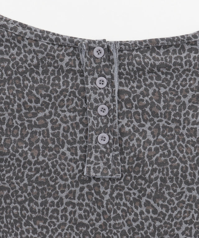 ヘンリーネックオフショルレオパードSSトップス