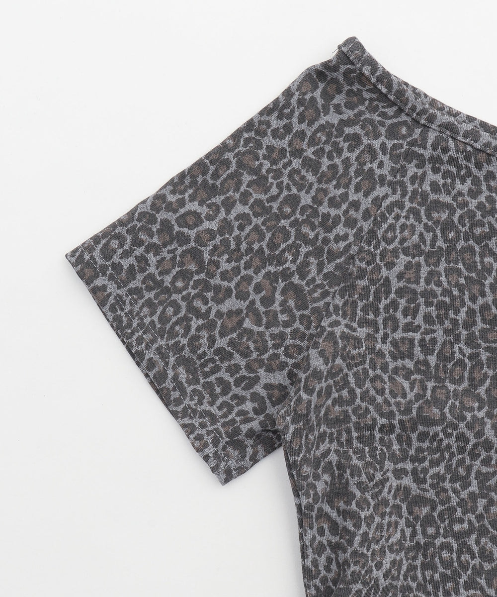 ヘンリーネックオフショルレオパードSSトップス