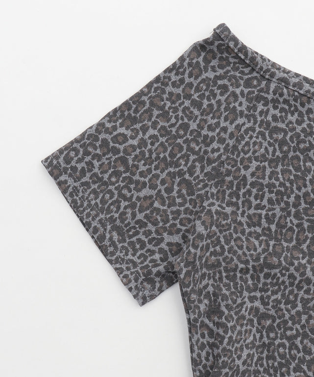 ヘンリーネックオフショルレオパードSSトップス