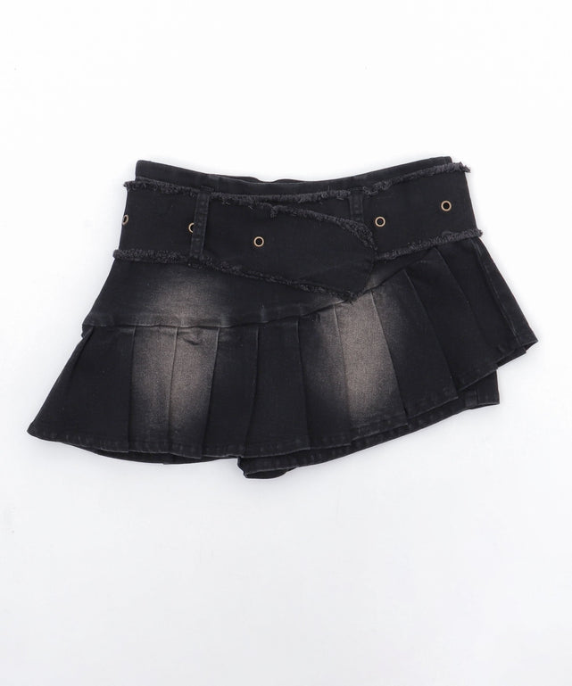 フリンジベルトプリーツデニムスカパン