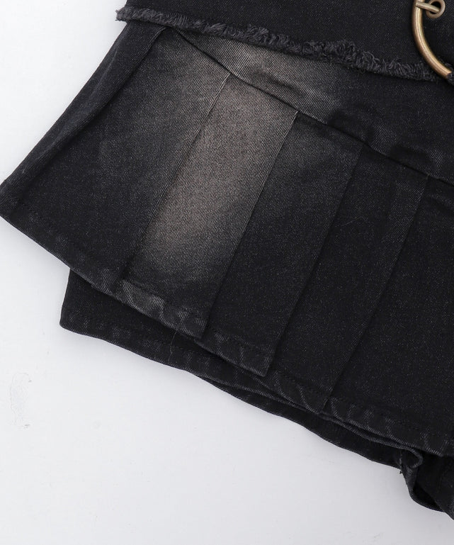 フリンジベルトプリーツデニムスカパン