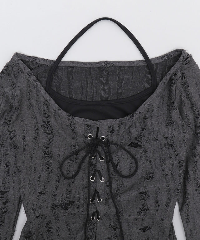 レイヤードダメージレースアップTOP