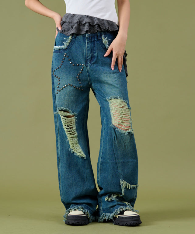 スタッズスターダメージデニム/デニム中濃 モデル：160cm S着用