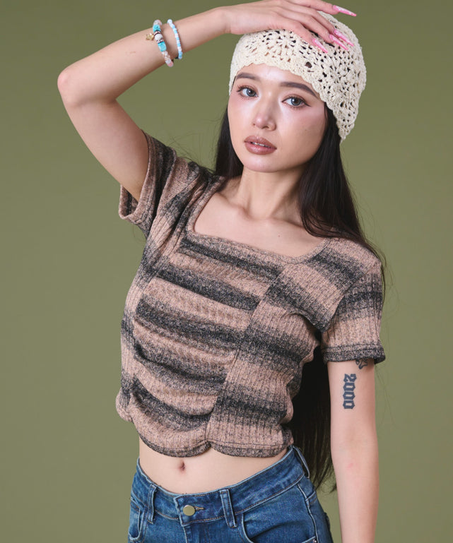 オンブレボーダーコンパクトトップ/ブラウン モデル：163cm F着用