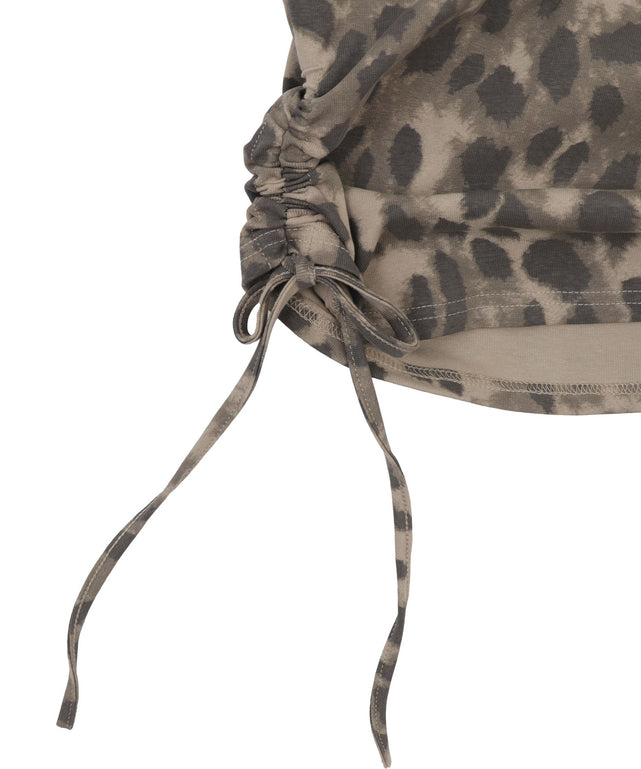 ブローチ付きサイドギャザーレオパードトップ