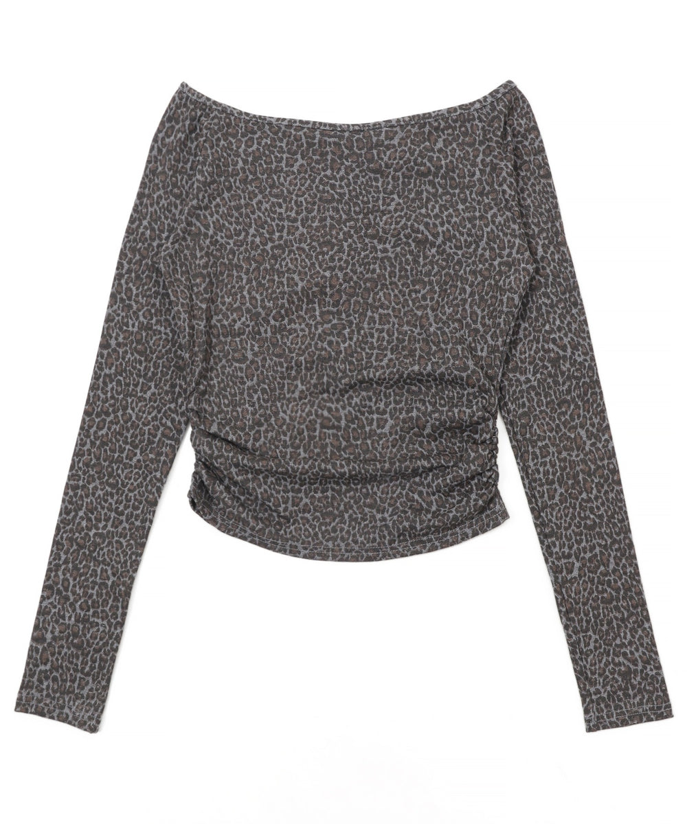 ヘンリーネックオフショルレオパードトップス