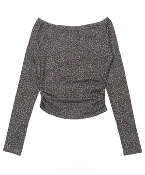 ヘンリーネックオフショルレオパードトップス