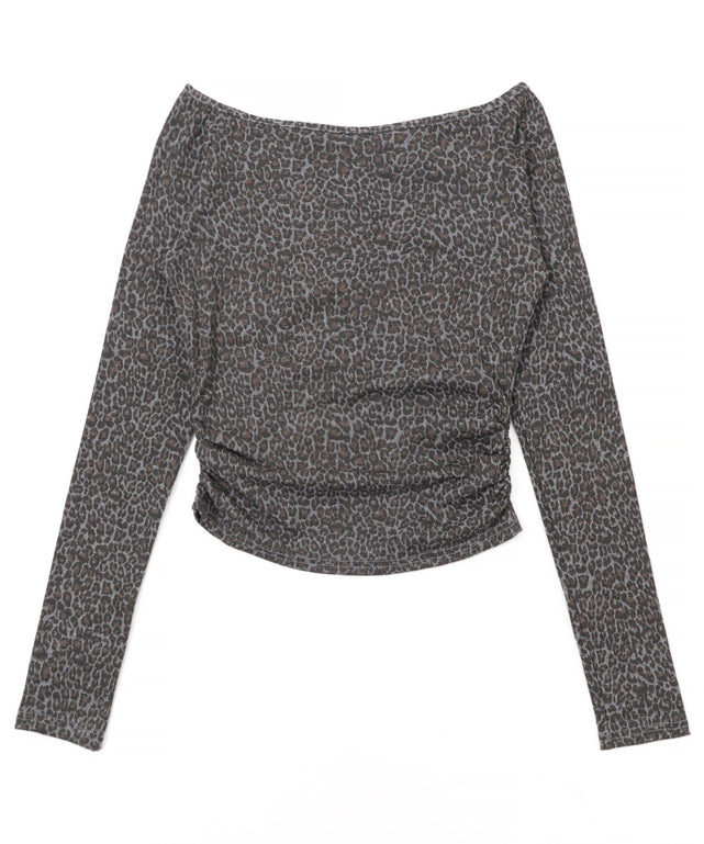 ヘンリーネックオフショルレオパードトップス