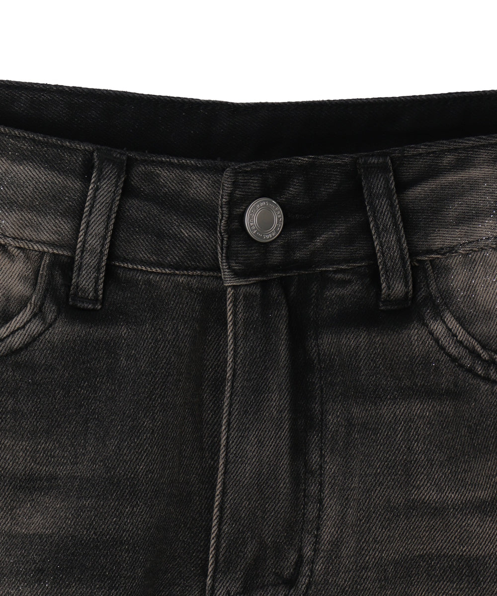 ストーンベルト付きウォッシュドデニムミニスカパン