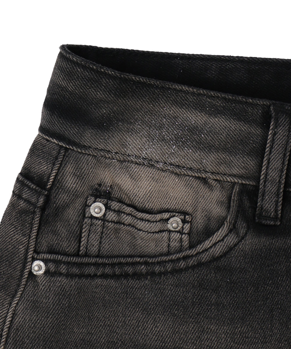 ストーンベルト付きウォッシュドデニムミニスカパン