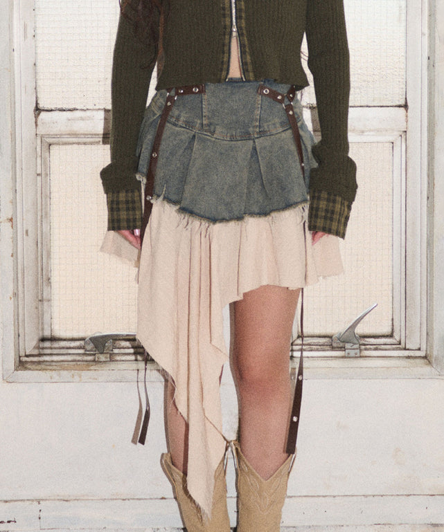 イレギュラーヘムデニムスカパン/デニム淡