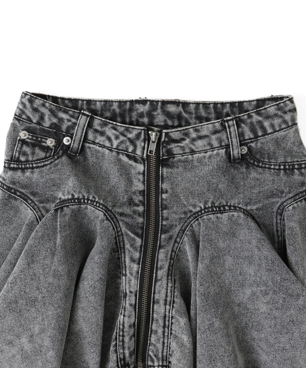 フロントジップデニムフレアミニスカパン