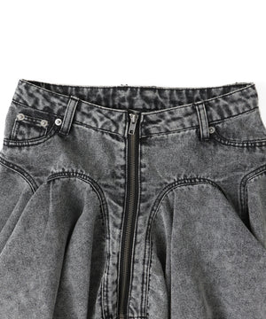 フロントジップデニムフレアミニスカパン