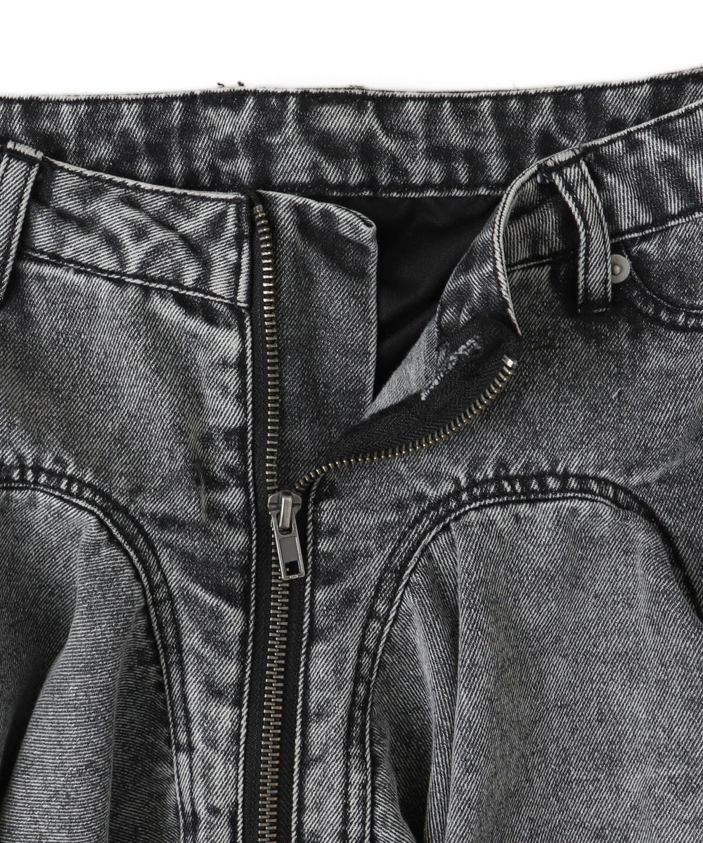 フロントジップデニムフレアミニスカパン