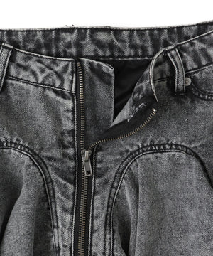 フロントジップデニムフレアミニスカパン