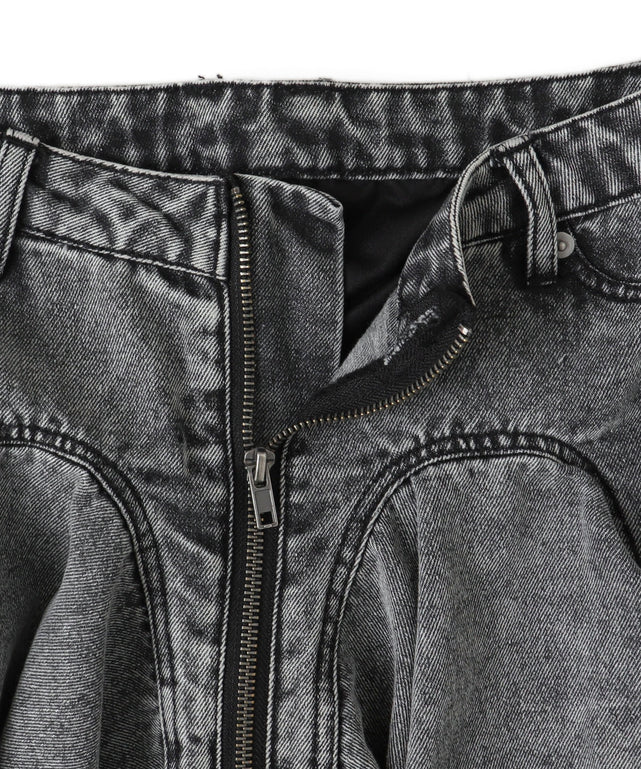 フロントジップデニムフレアミニスカパン