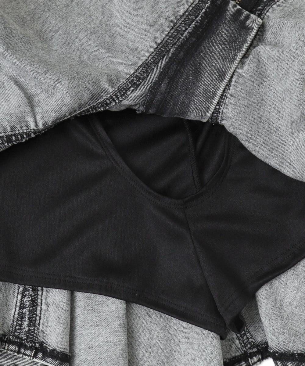 フロントジップデニムフレアミニスカパン