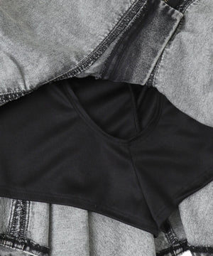 フロントジップデニムフレアミニスカパン