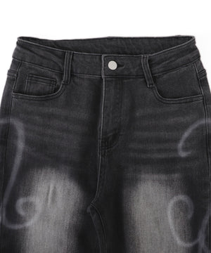 プリントウォッシュドワイドデニムパンツ