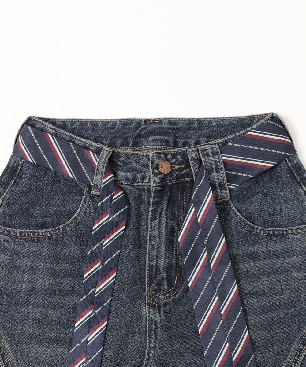 タイ付きワイドデニム