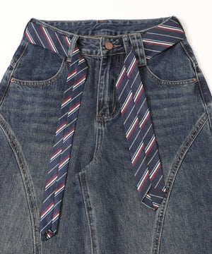 タイ付きワイドデニム
