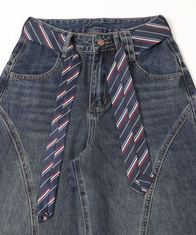 タイ付きワイドデニム