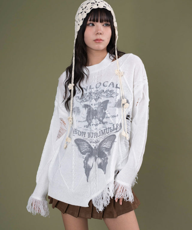 ダメージバタフライフリンジニット/ホワイトアイボリー モデル：160cm F着用