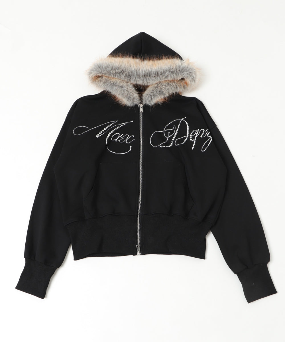 ラインストーンロゴファ－ジップーパーカー