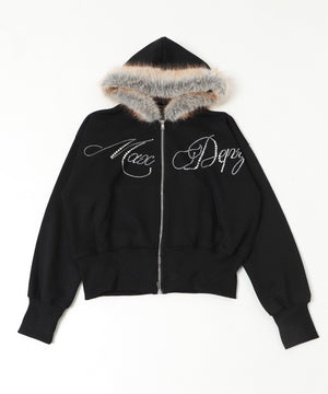 ラインストーンロゴファ－ジップーパーカー