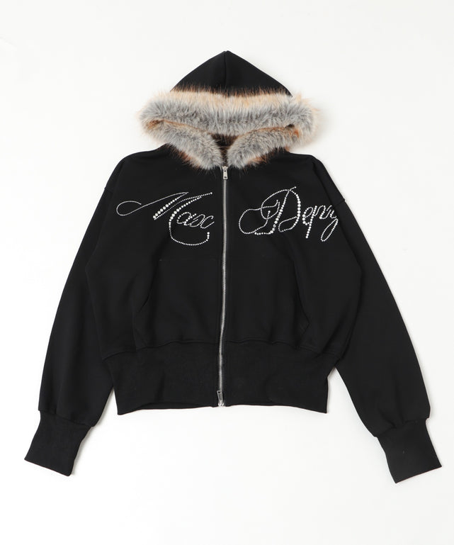 ラインストーンロゴファ－ジップーパーカー