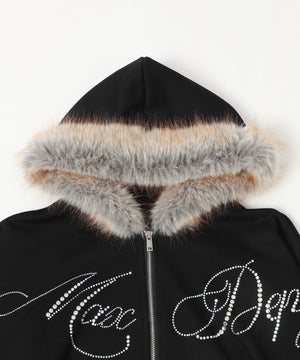 ラインストーンロゴファ－ジップーパーカー