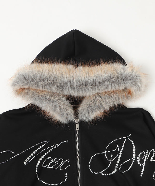 ラインストーンロゴファ－ジップーパーカー