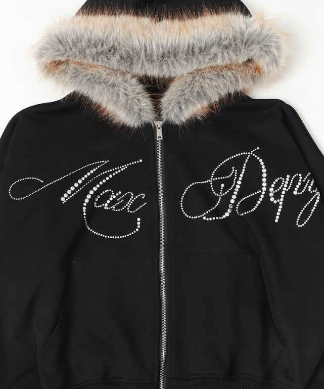 ラインストーンロゴファ－ジップーパーカー