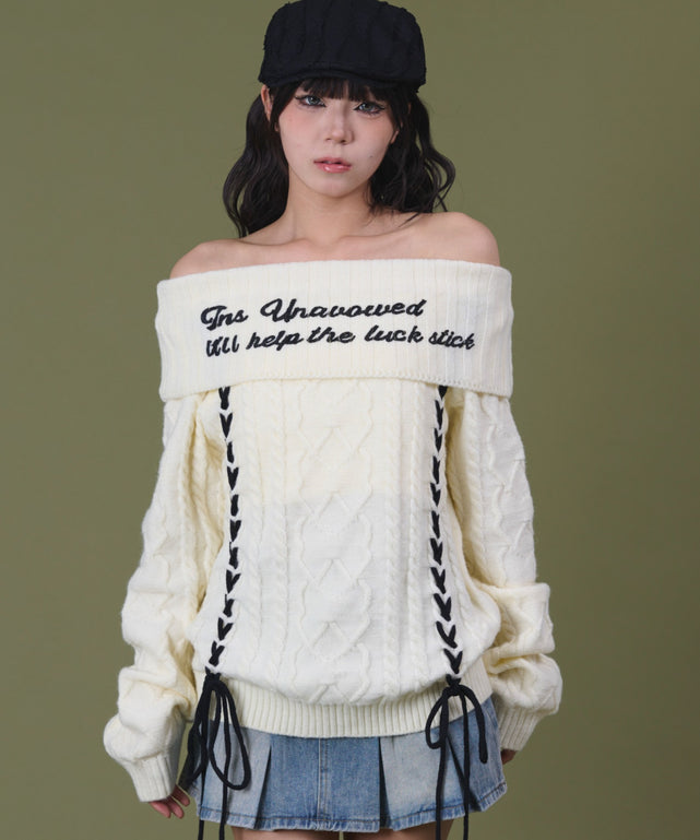 レースアップロゴオフショルダー/ホワイトアイボリー モデル：160cm F着用