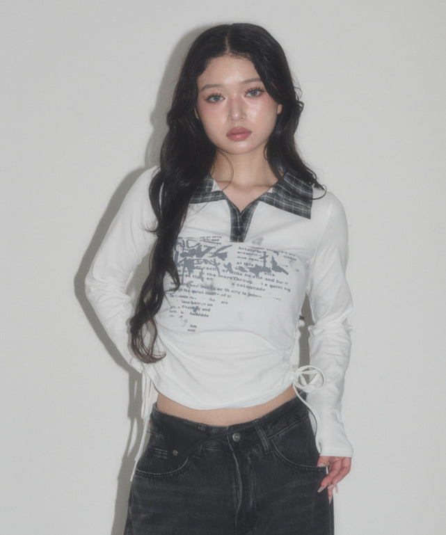 チェックカラーデザインLS Tシャツ/ホワイト モデル：163cm F着用