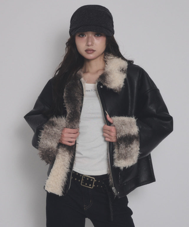 Fファー切替PUブルゾン/ブラック モデル：163cm F着用