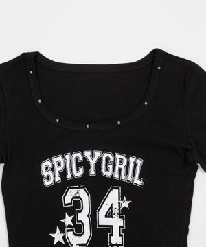 スタッズネックナンバーロゴT