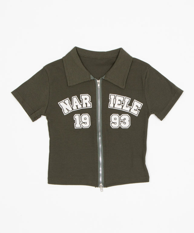 WジップナンバリングロゴT/カーキ