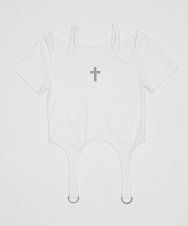 クロスデザインガーターSSトップ/ホワイト