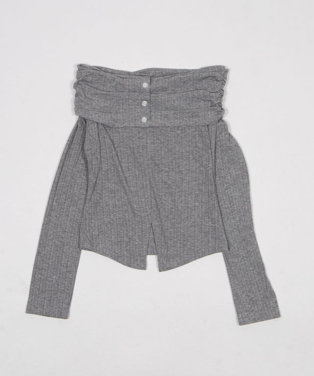 フェイクボタンオフショルトップ/グレー