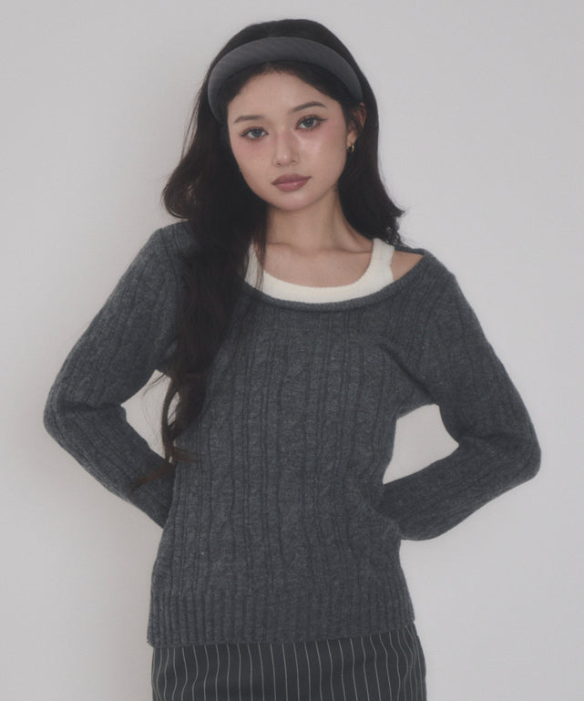 Fレイヤードバイカラーニット/グレー モデル：163cm F着用
